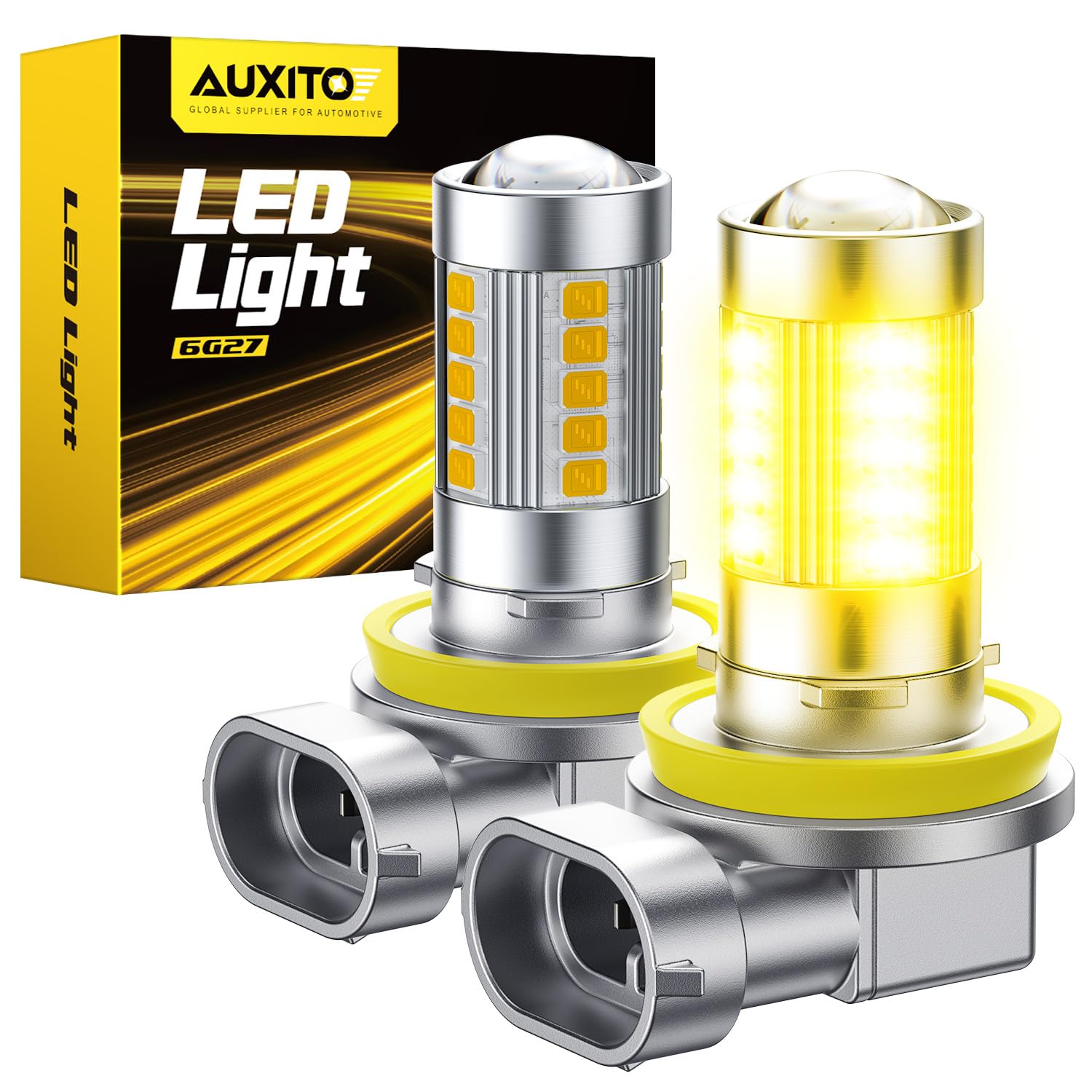 AUXITO front packaging showing H11 H8 amber bulbs and benefits
