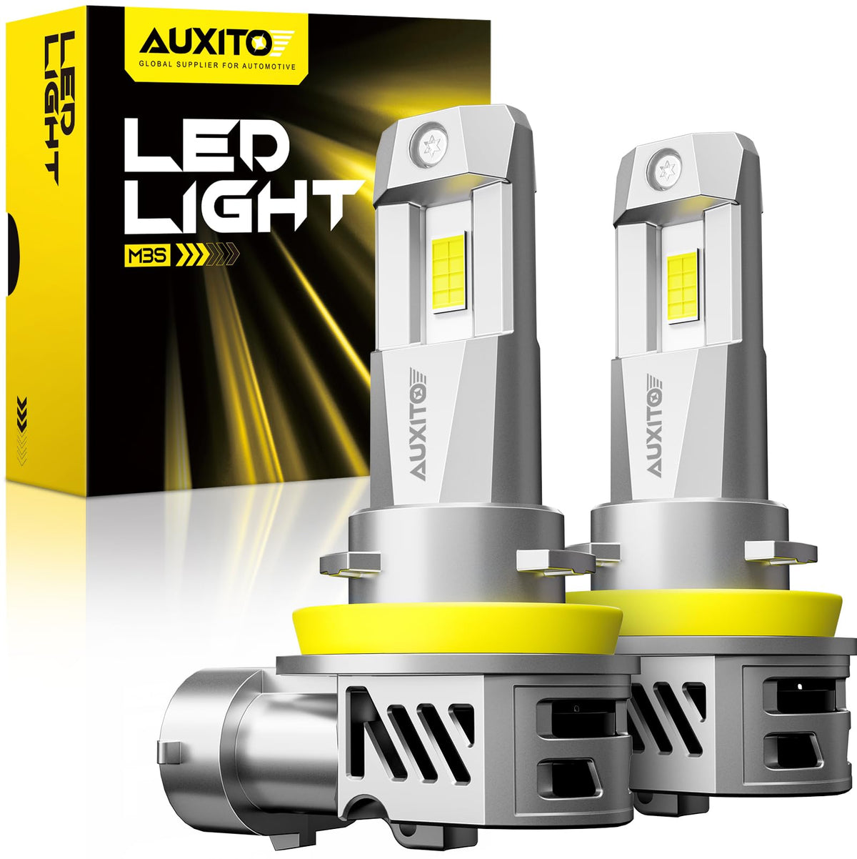 AUXITO H11 front packaging showing model and brightness benefit