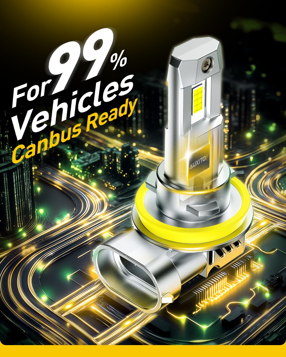 AUXITO bulb installed in headlight delivering brighter road illumination