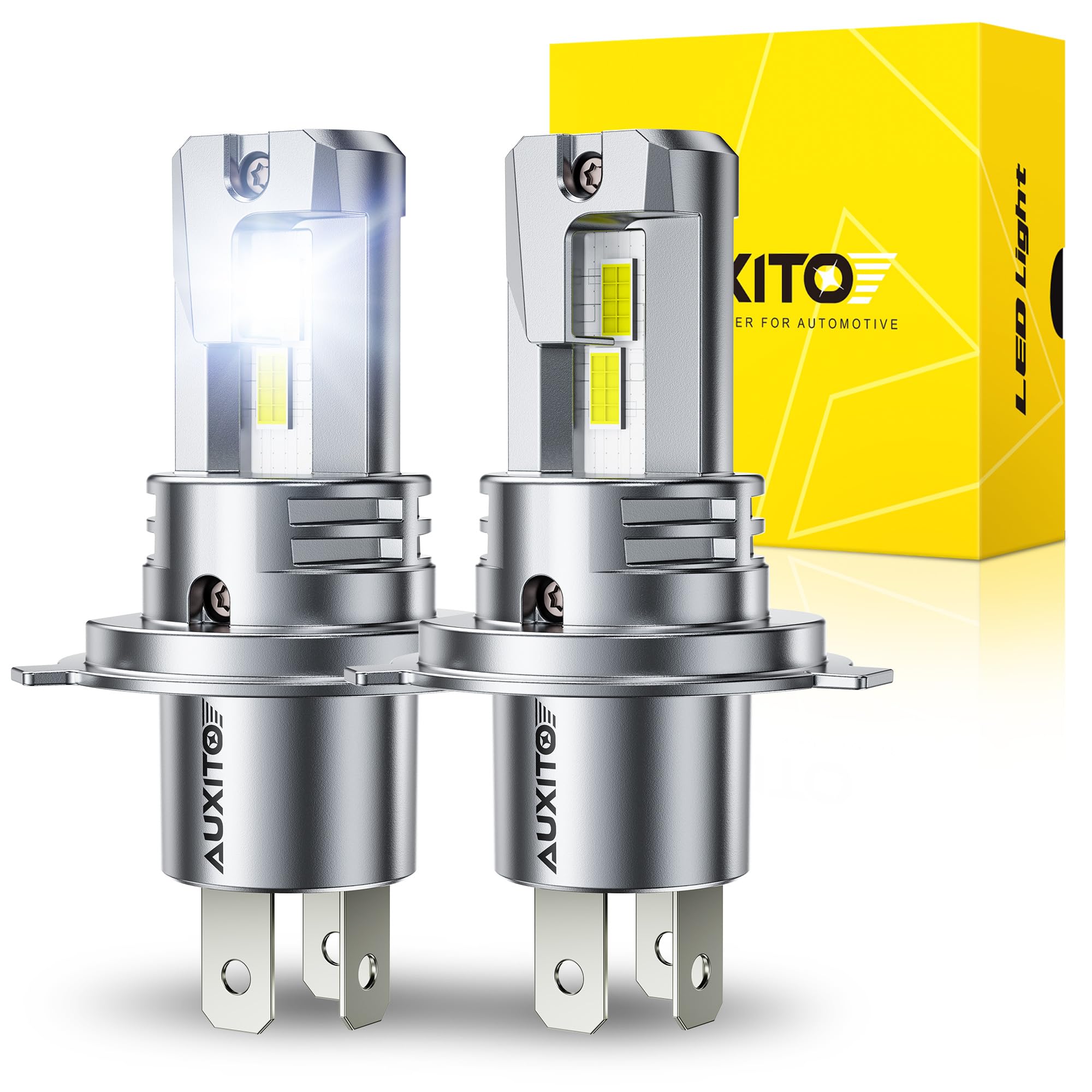 AUXITO front view of H4 9003 bulbs pack shows plug-and-play labels and benefit
