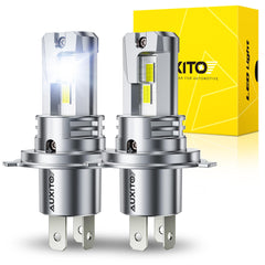 AUXITO front view of H4 9003 bulbs pack shows plug-and-play labels and benefit