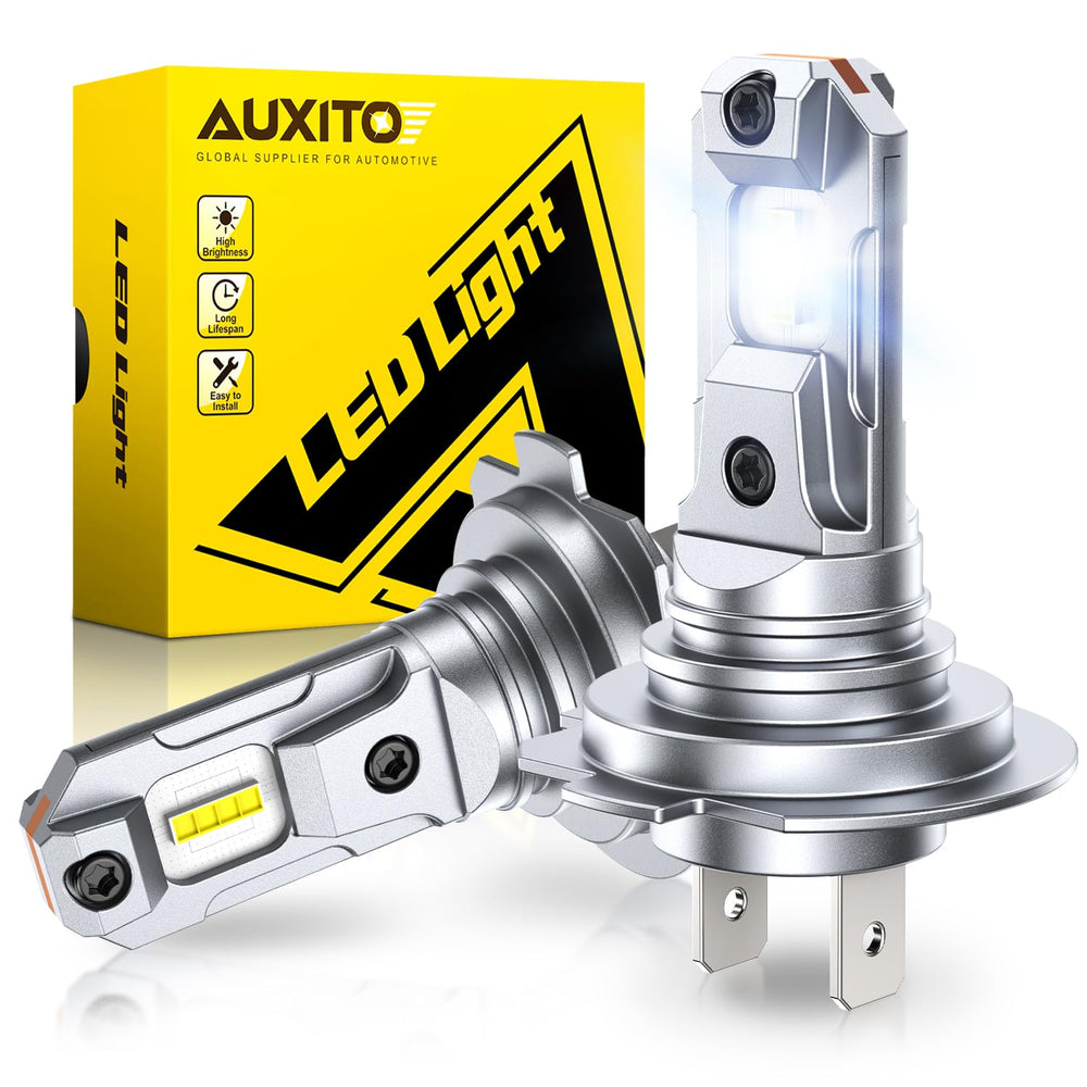 AUXITO front packaging showing two H7 LED bulbs and benefits
