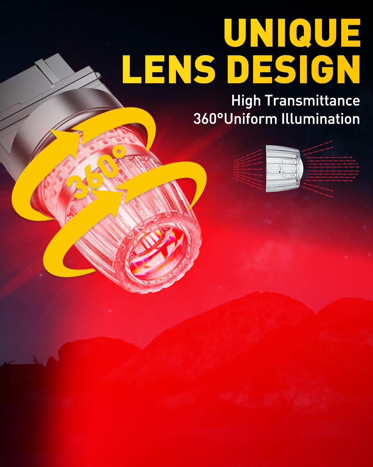 AUXITO close-up of SMD chips and lens showing brighter, uniform red output