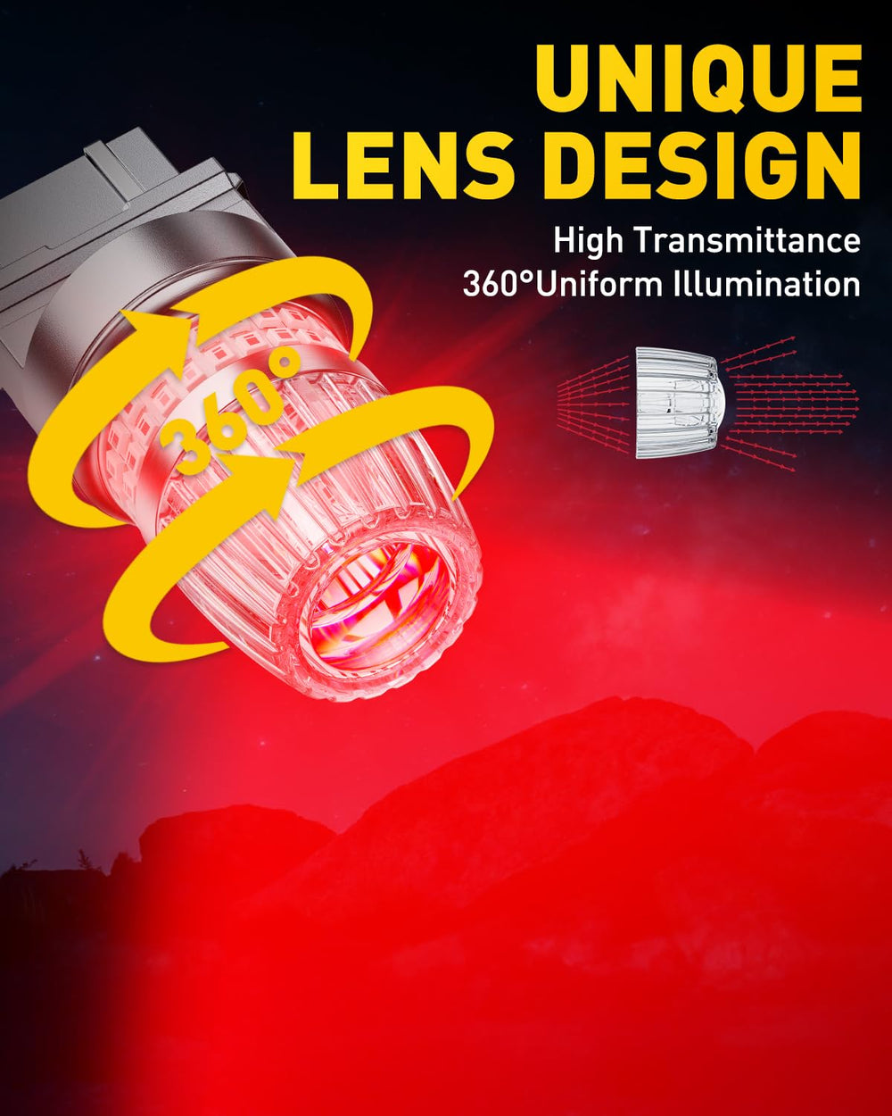 AUXITO close-up of SMD chips and lens showing brighter, uniform red output