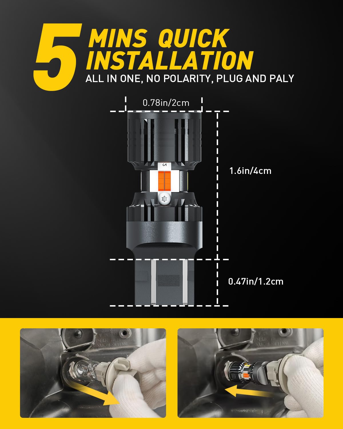 AUXITO bulbs beside ruler and connector showing T20/7443 fitment and easy install
