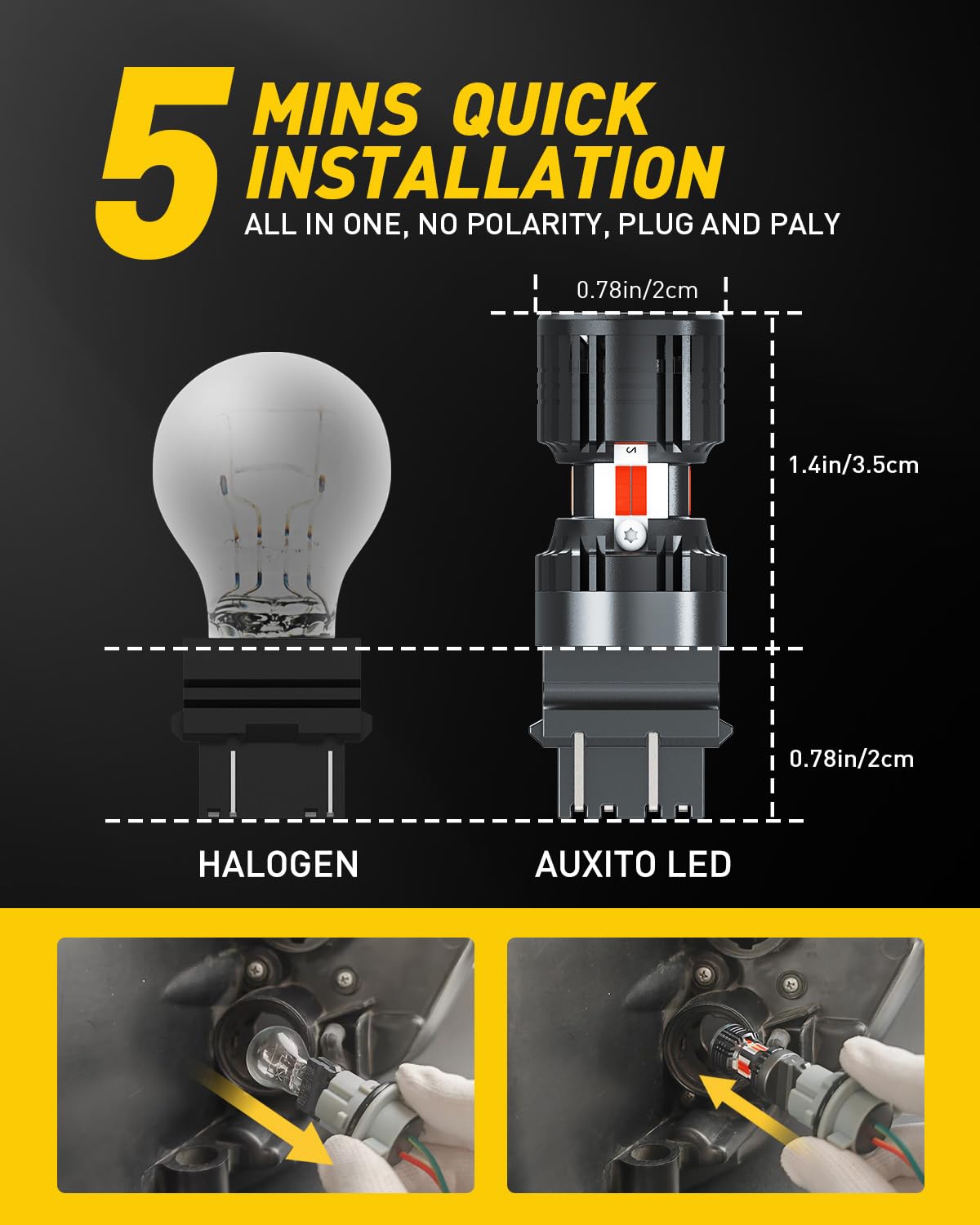 AUXITO beside a halogen bulb showing compact size and easy swap benefit