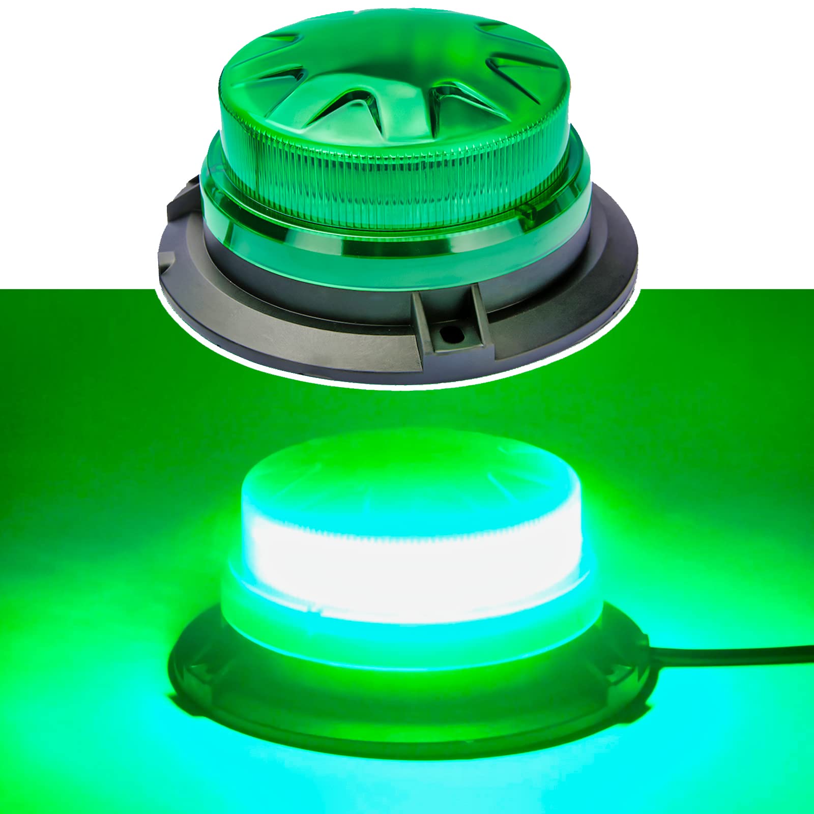 AUXMOTEC front view of green strobe beacon showing full visibility