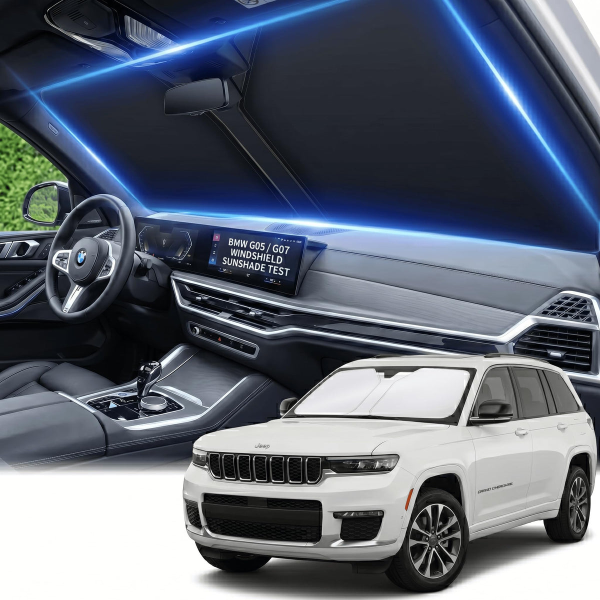 AuyNeas front view on Grand Cherokee fits snug and blocks sun