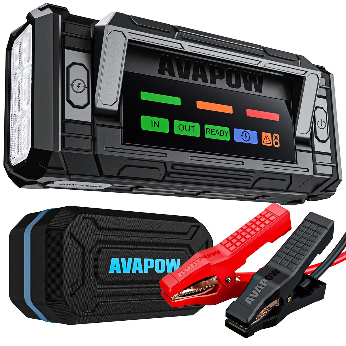 AVAPOW front view with 4-inch HD display showing battery status for clear monitoring