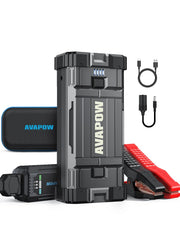 AVAPOW jump starter front view showing controls and portability benefit