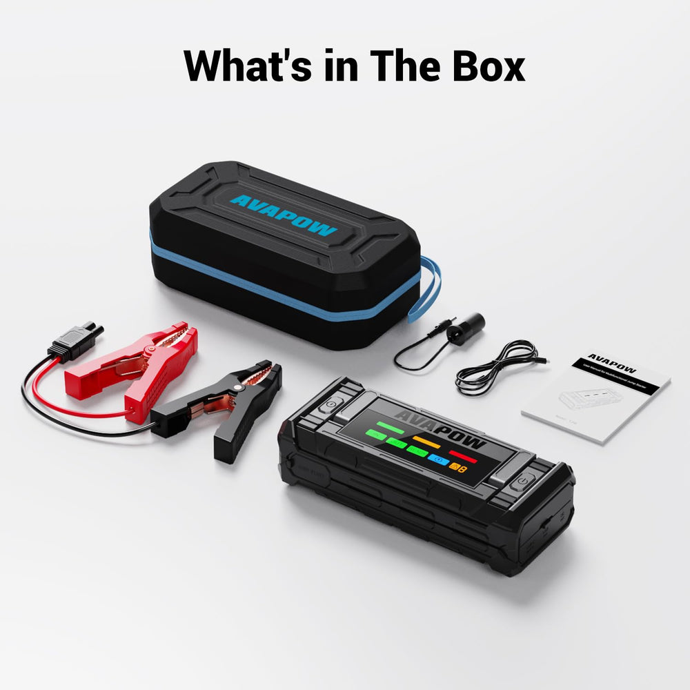 AVAPOW packed next to jumper cables and tools demonstrating emergency readiness
