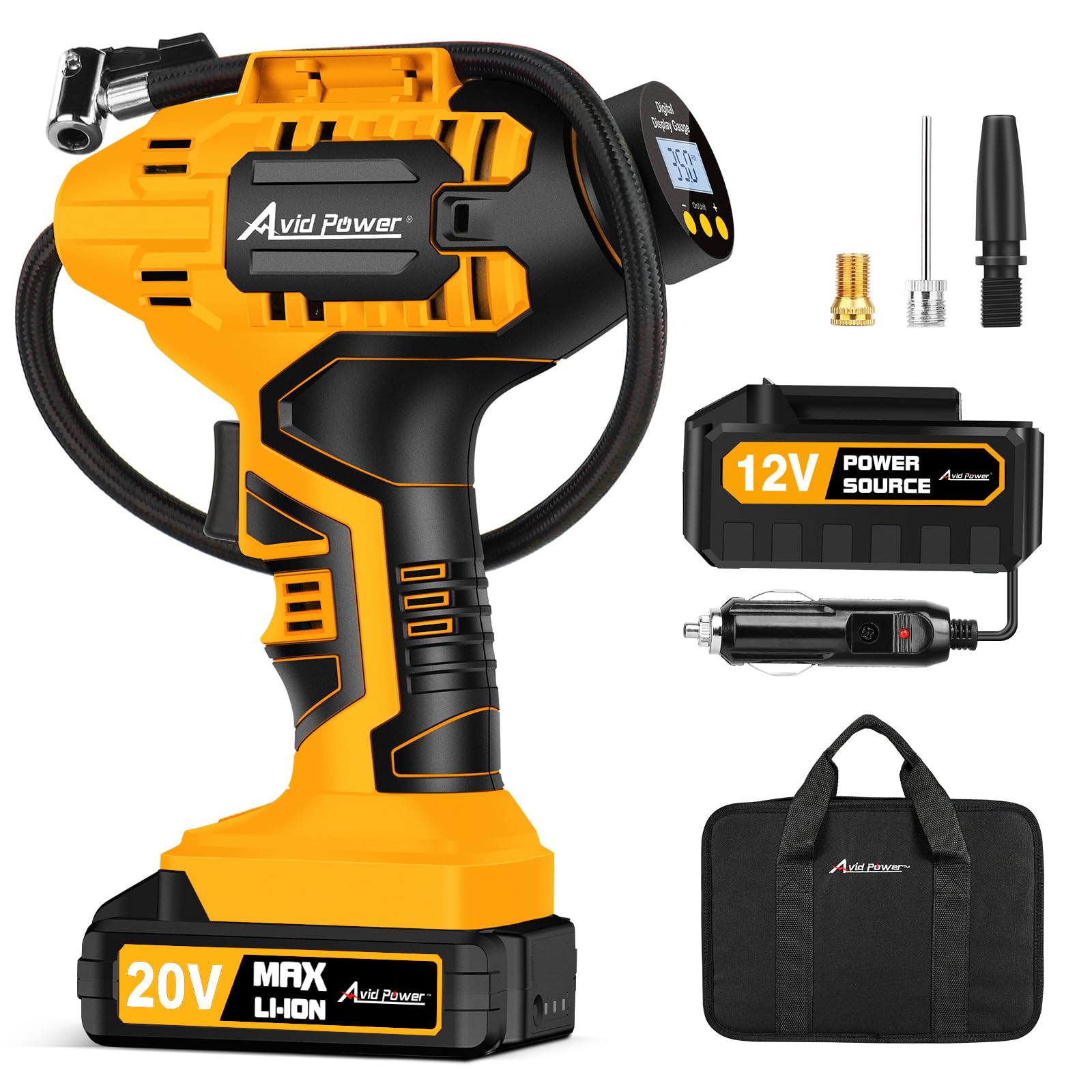 AVID POWER front view of cordless inflator showing compact design and controls