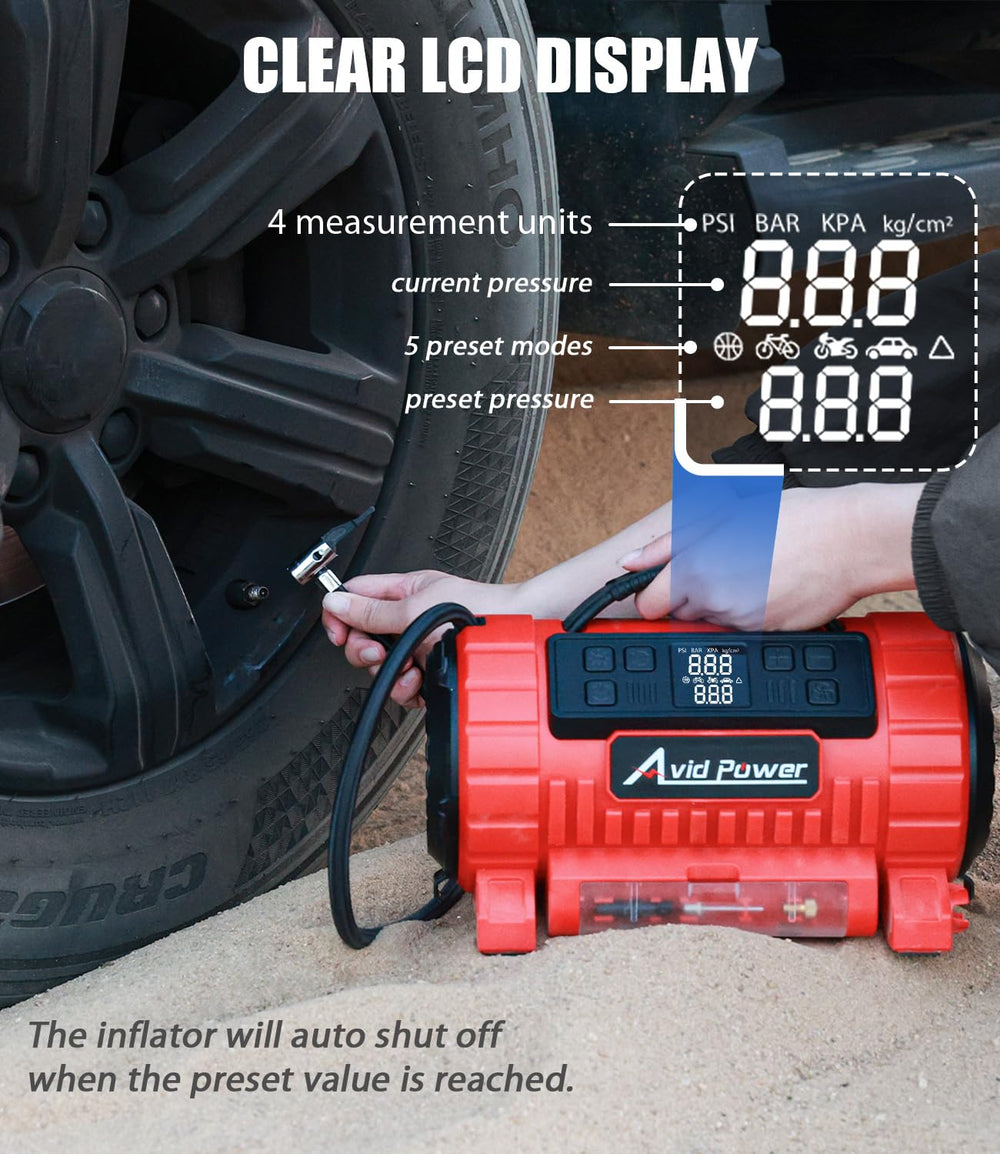 AVID POWER inflating a car tire at roadside delivering fast measured PSI top-up