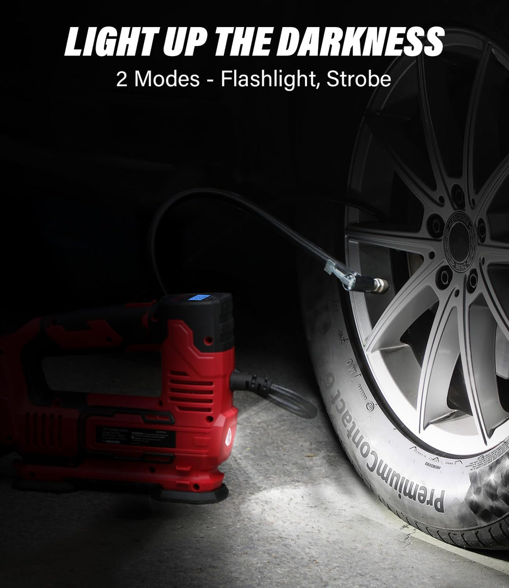 AVID POWER inflator attached to a car tire in use demonstrating fast roadside inflation convenience