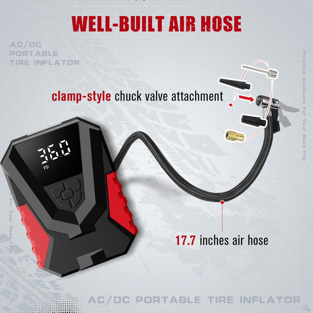 AVID POWER inflator connected to car tire, fast roadside topping up benefit