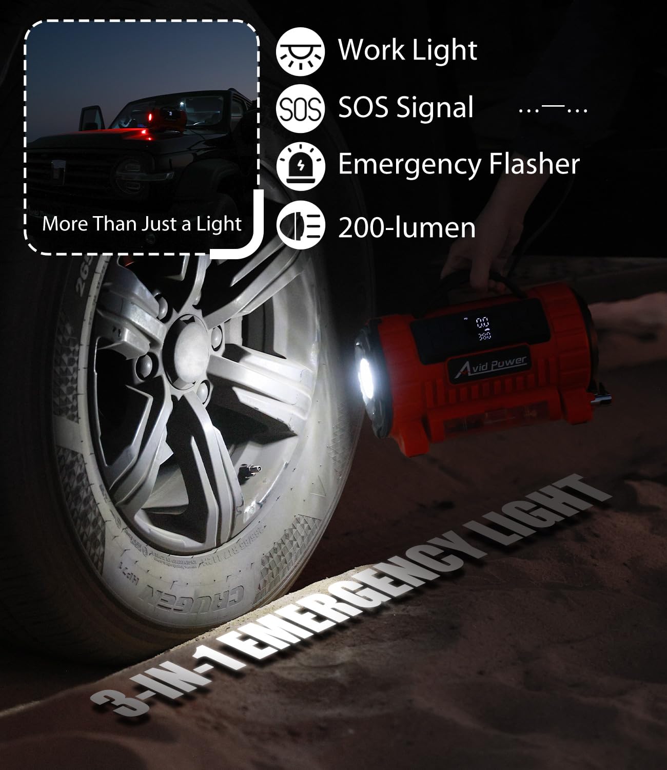 AVID POWER 200-lumen LED in SOS mode for roadside visibility and emergency signaling