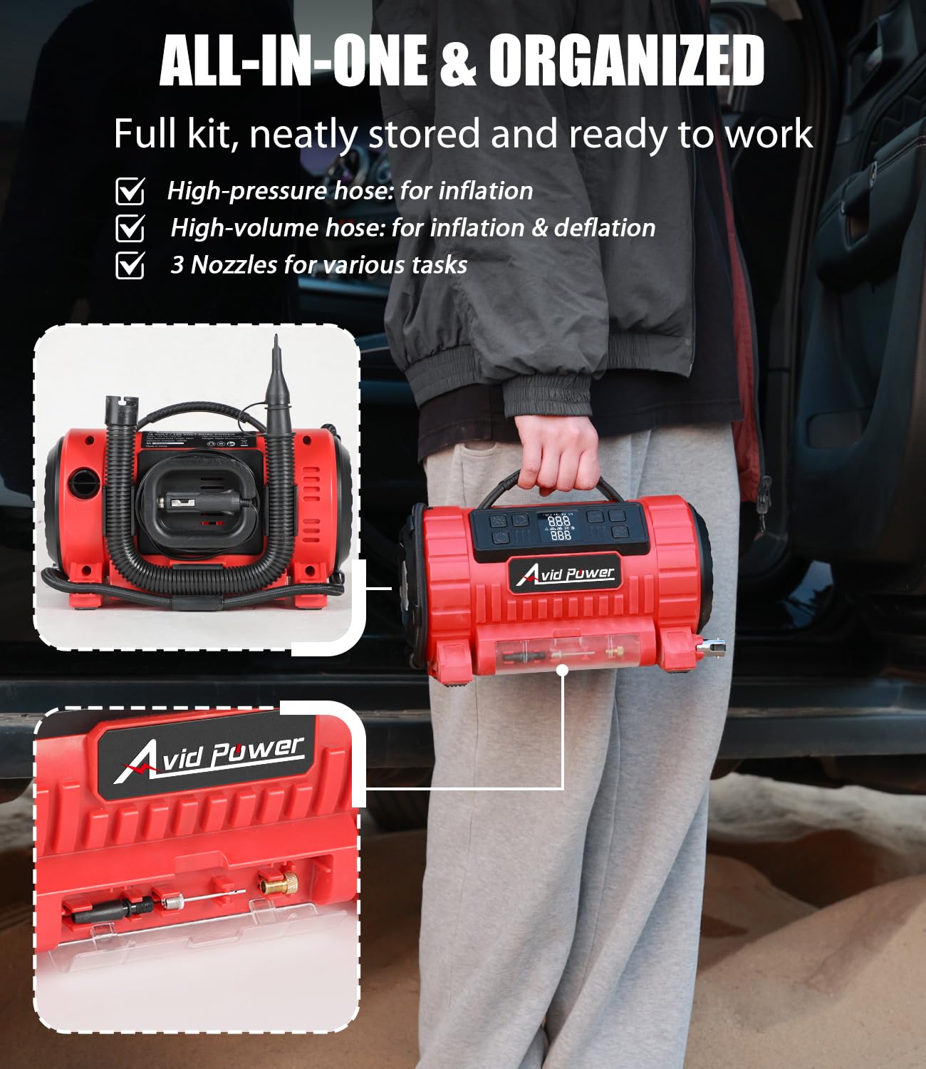 AVID POWER dual power cords 110V AC and 12V DC demonstrating versatile charging options