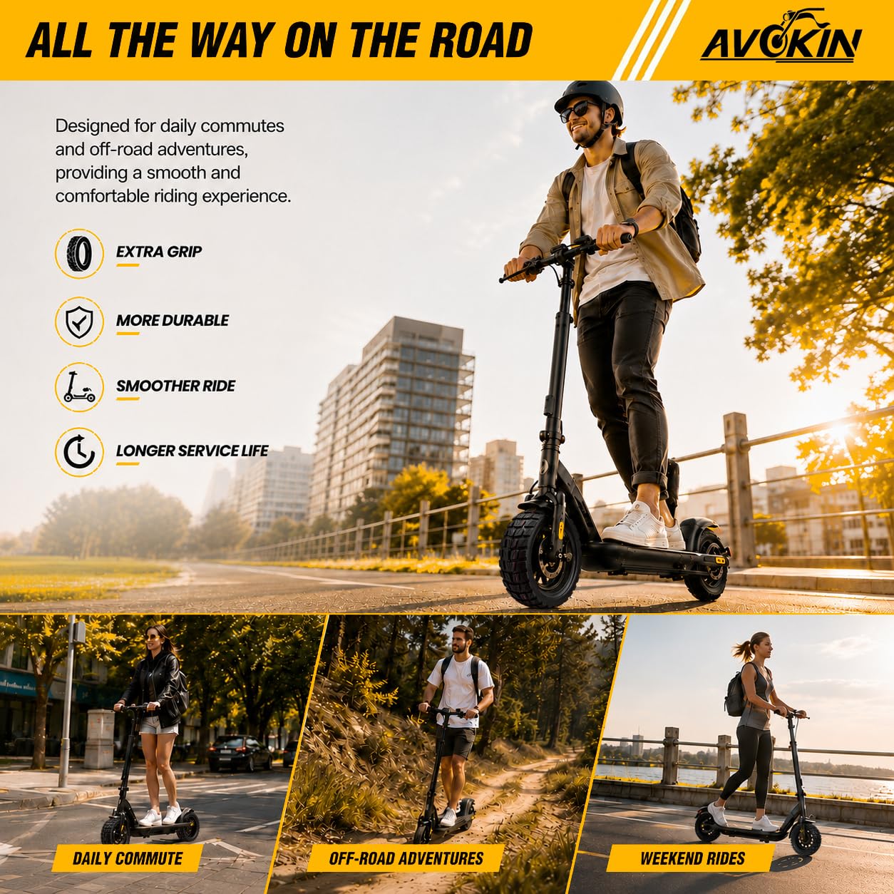 AVOKIN scooter with tire in city scene showing reliable commuting traction