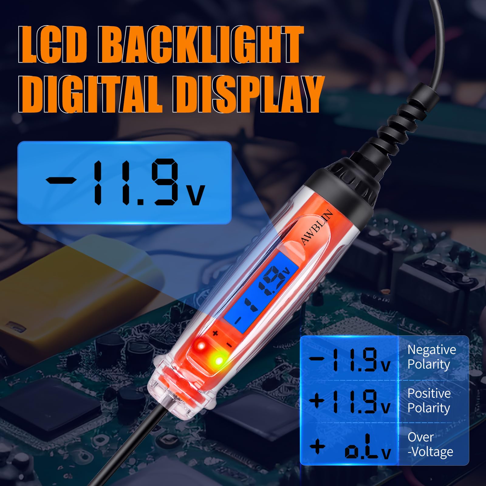 AWBLIN LCD backlit display showing precise 0.1V reading for clarity