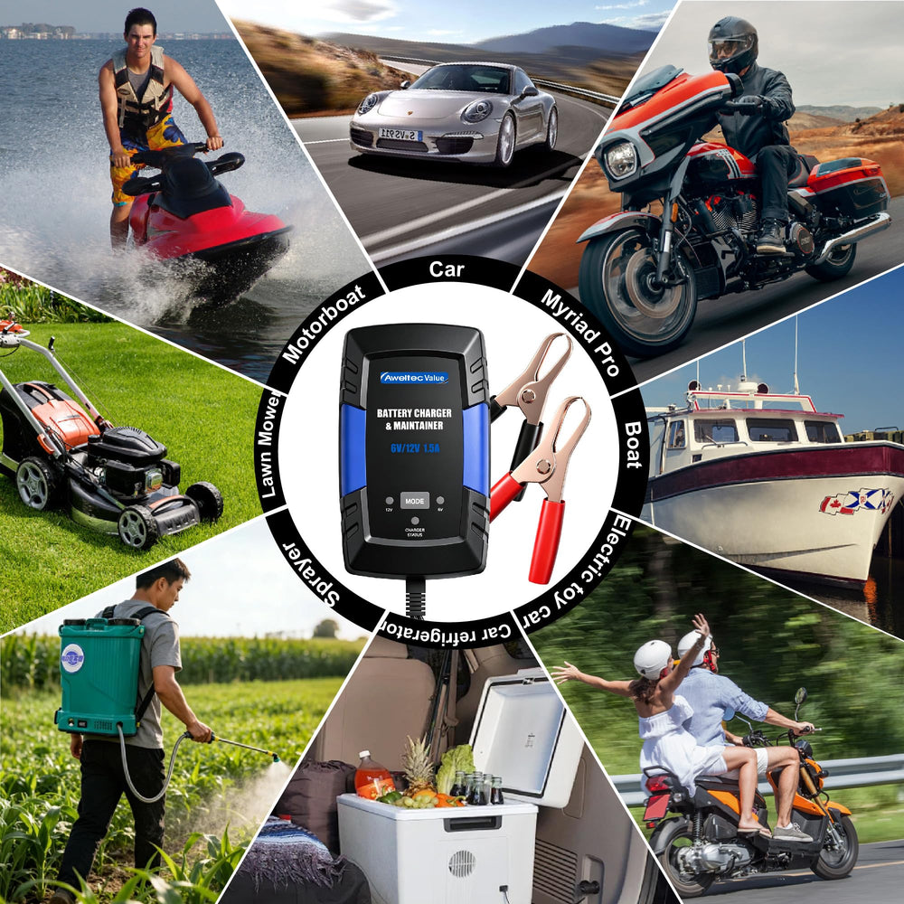 AWELTEC connected to motorcycle battery demonstrating safe maintenance