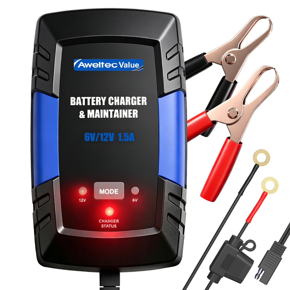 AWELTEC front view showing compact charger and easy placement benefit