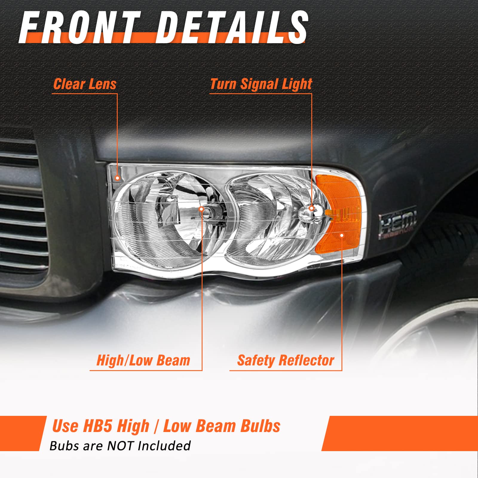 AXLAHA headlight installed on Dodge Ram front illustrating direct-fit replacement benefit