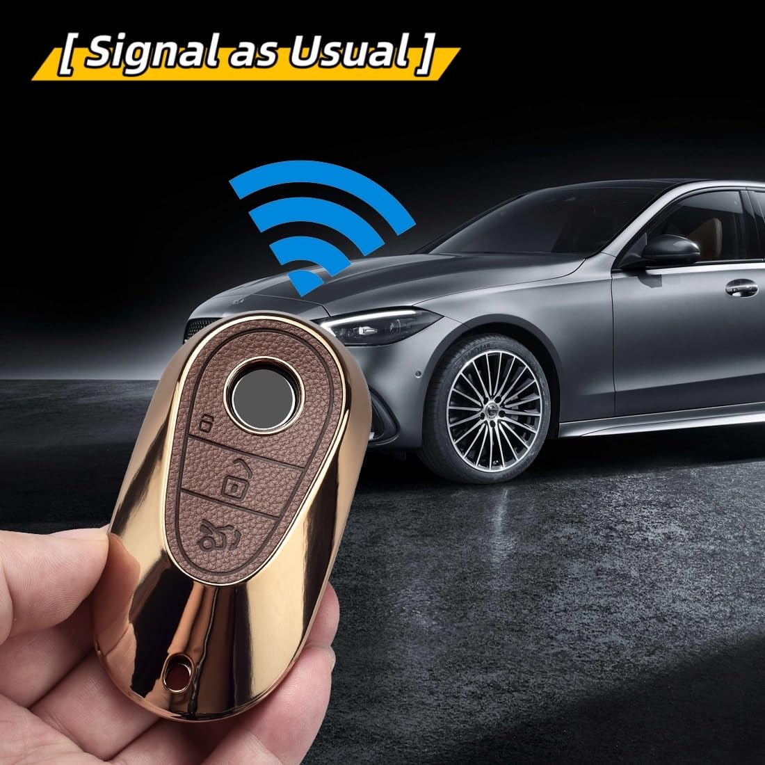 Axtrulix angled fit on Mercedes key demonstrating snug protection without blocking signal