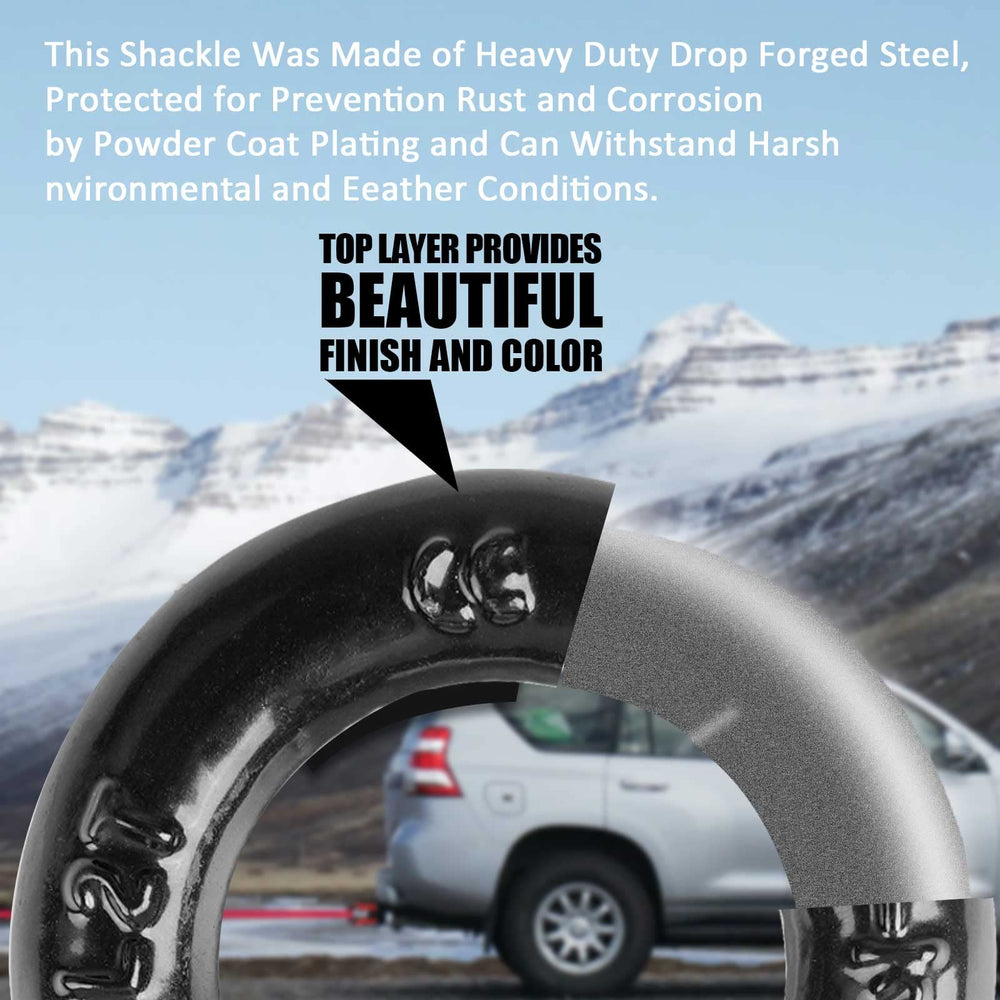 AYMMIC shackle attached to tow strap on vehicle showing safe recovery connection