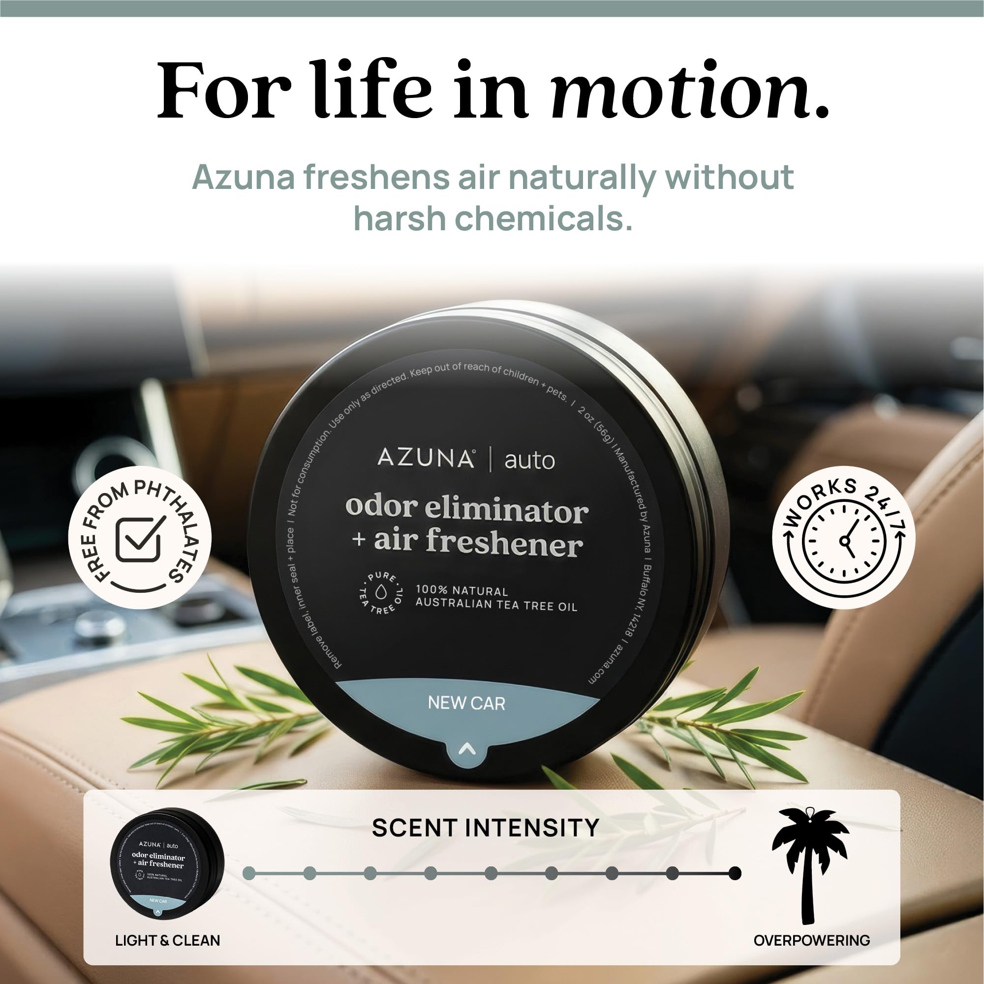 Azuna pod placed in car cup holder illustrating discreet continuous odor control