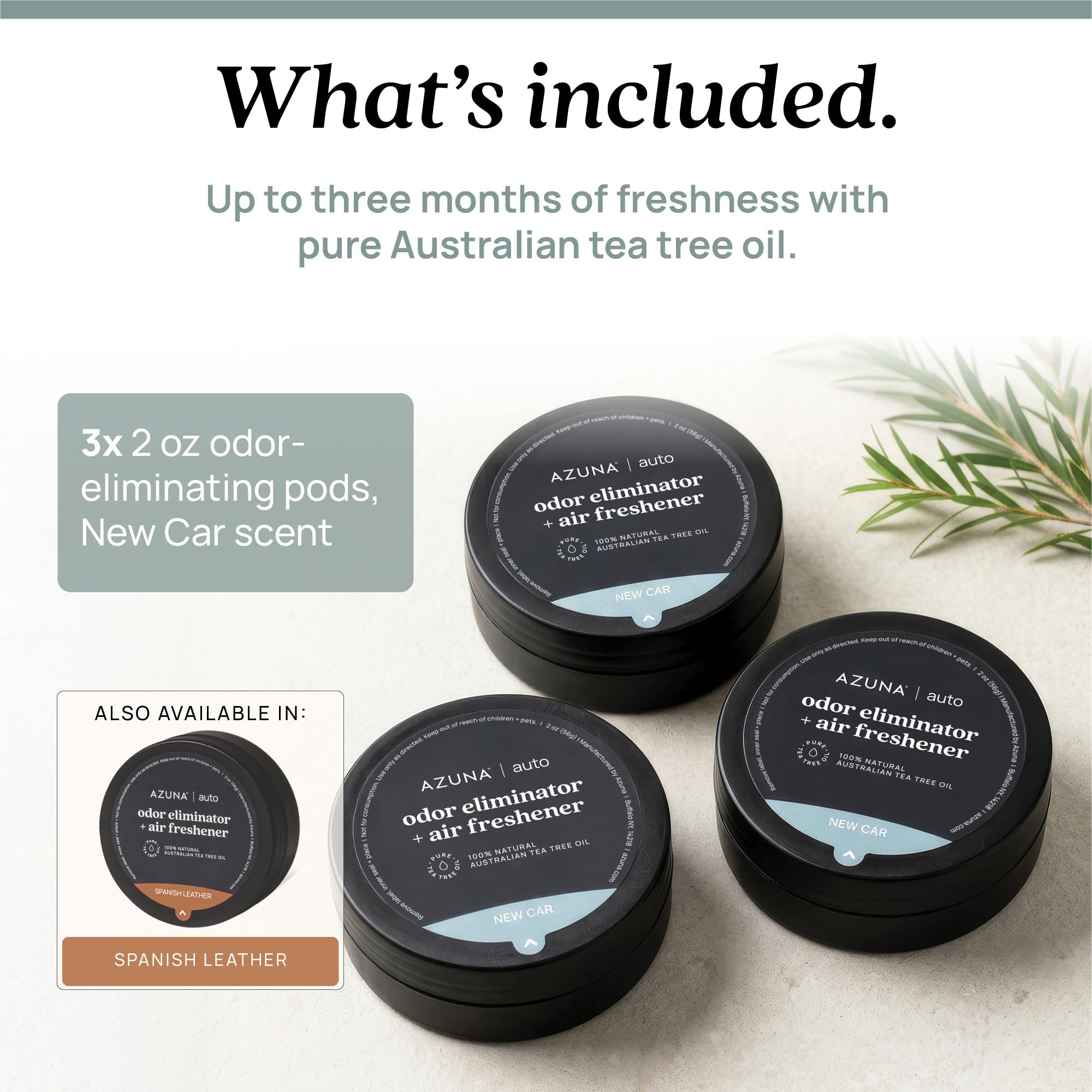 Azuna product label with ingredients list emphasizing natural, chemical-free formula