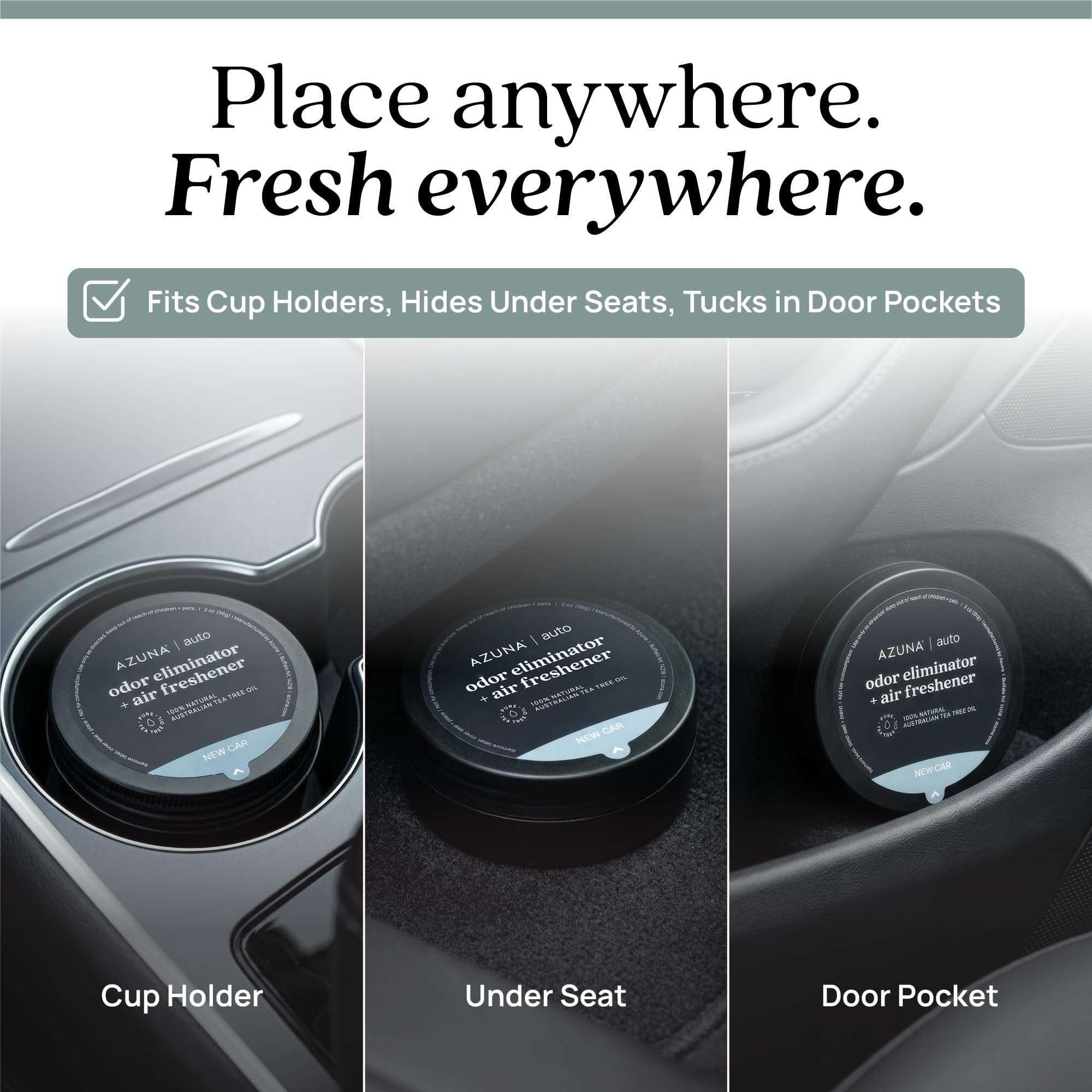 Azuna pod in car interior lifestyle shot showing clean-smelling cabin benefit