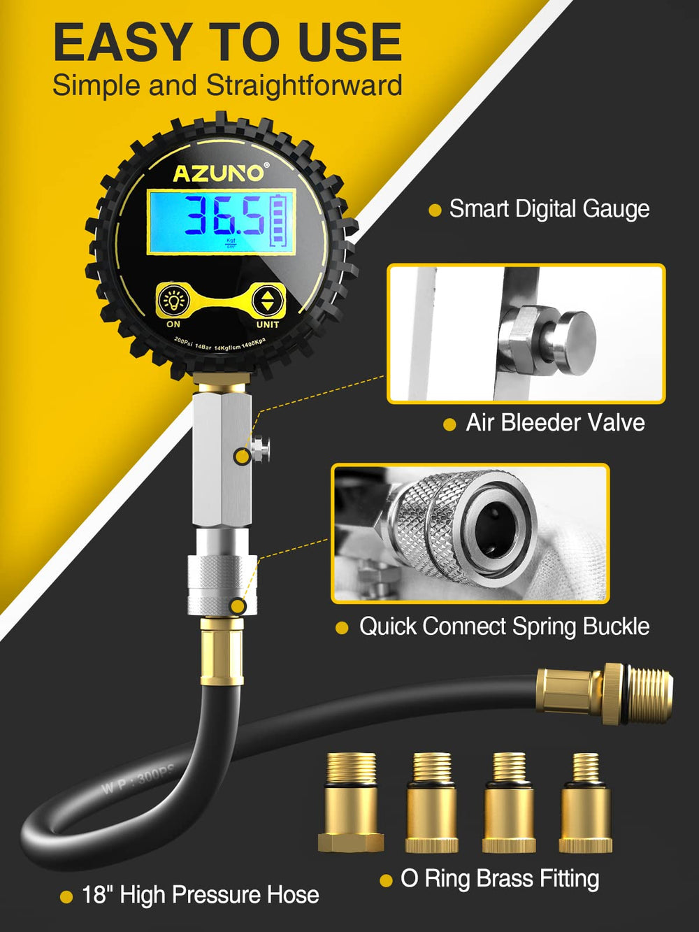 AZUNO bleeder valve detail on side of hose for quick pressure release without disconnecting