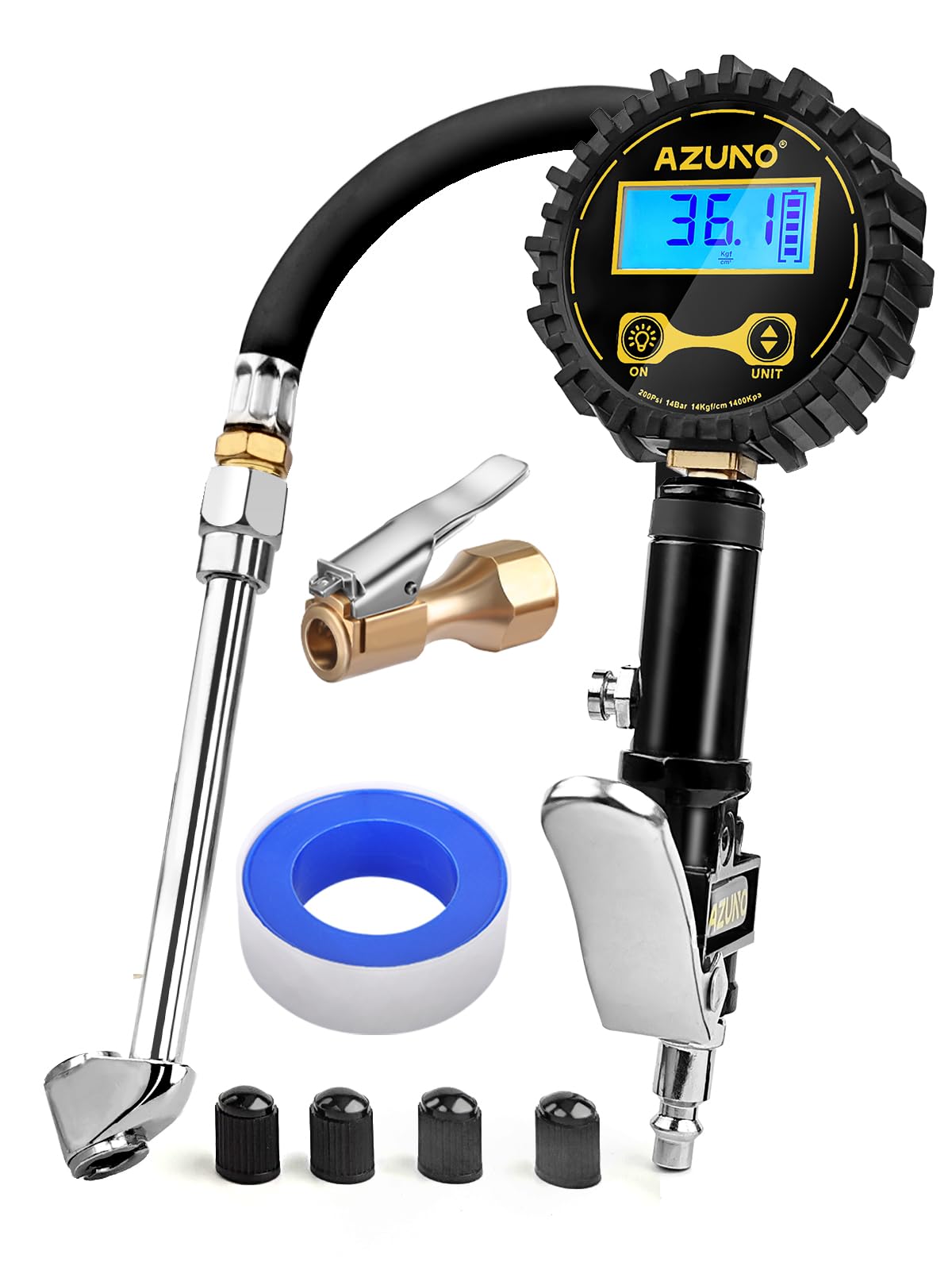 AZUNO front view of digital tire inflator showing ergonomic trigger and body, durable performance