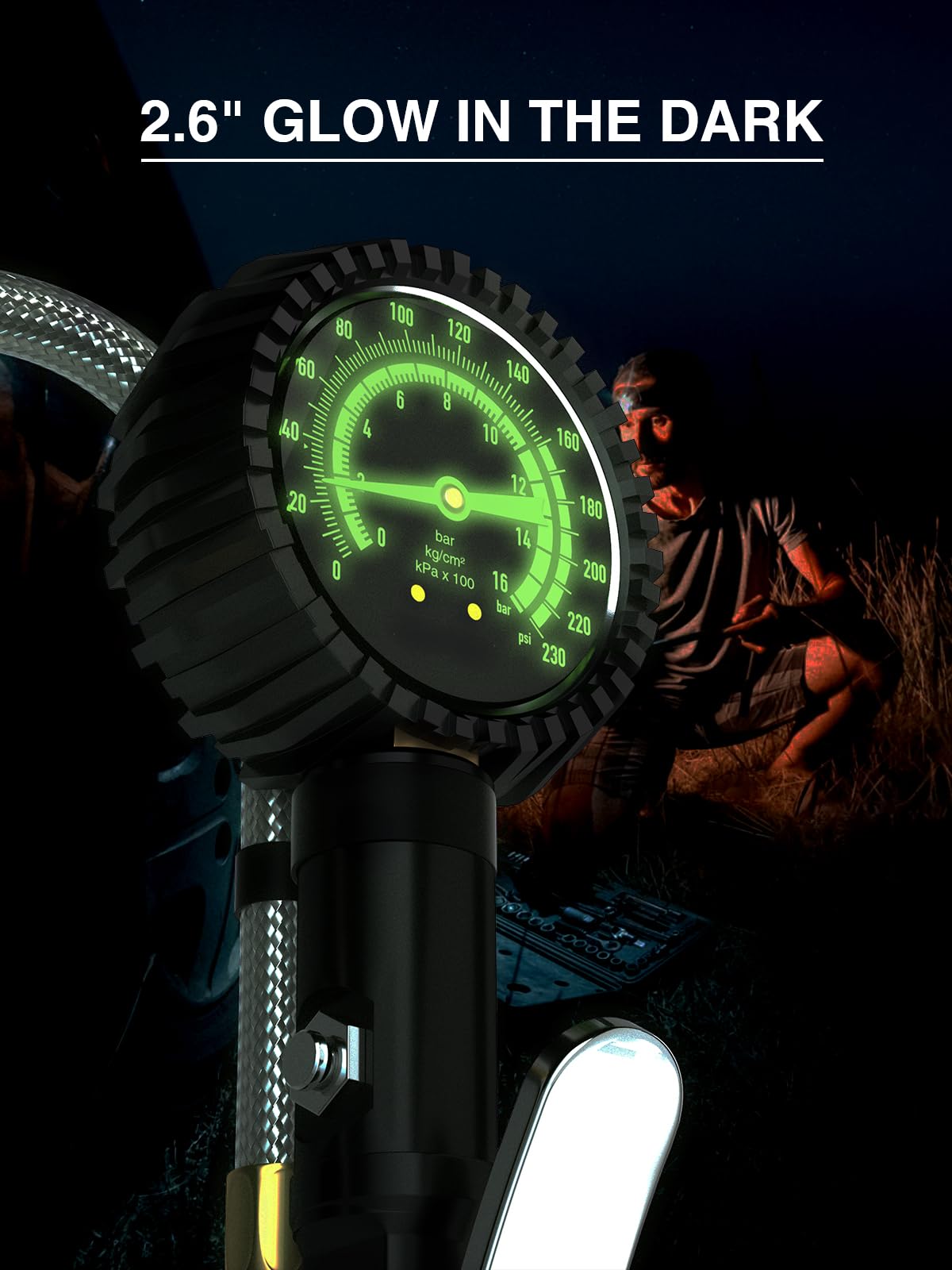 AZUNO gauge connected to 1/4-inch NPT quick-connect for fast compressor hookup