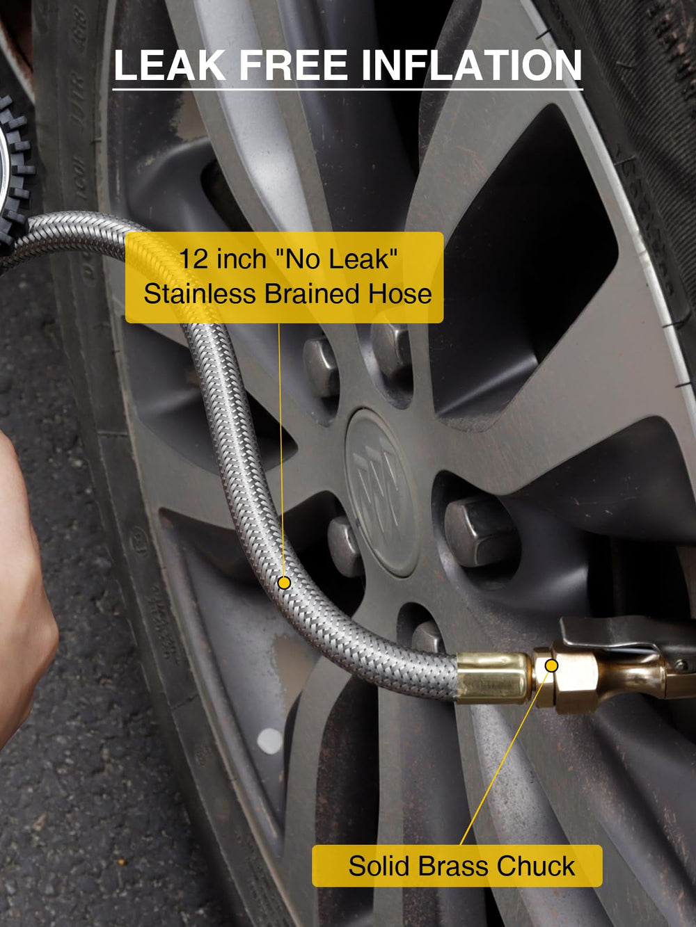 AZUNO inflator gauge in use inflating a car tire for convenient on-road service