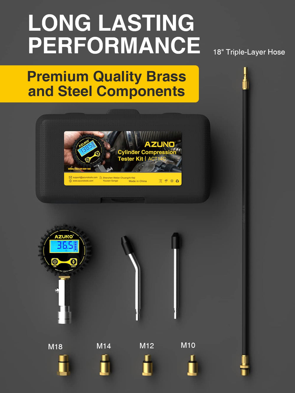 AZUNO in use on engine cylinder demonstrating real-world compression testing application