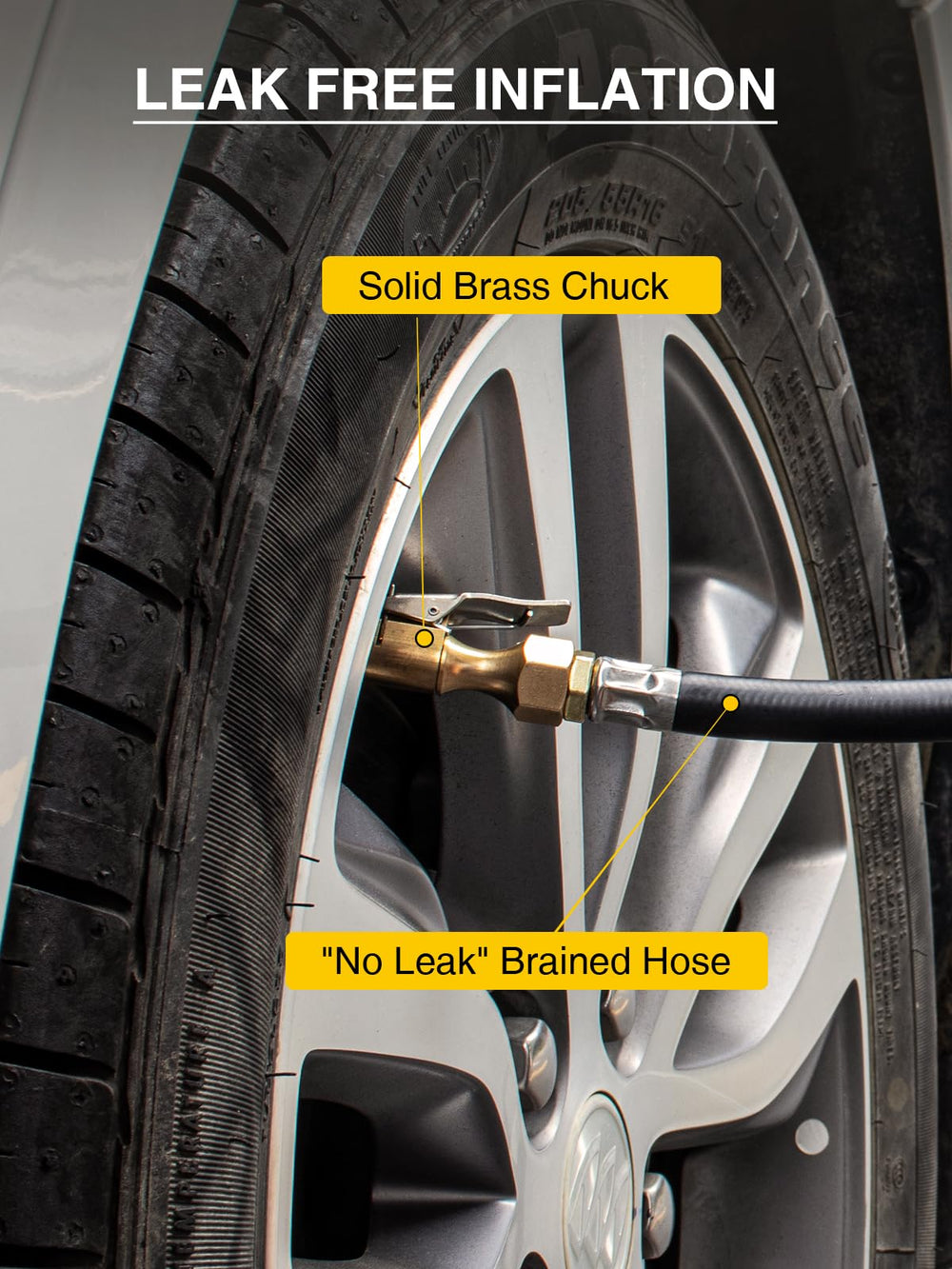 AZUNO inflator in use on a car tire showing easy one-handed operation and control