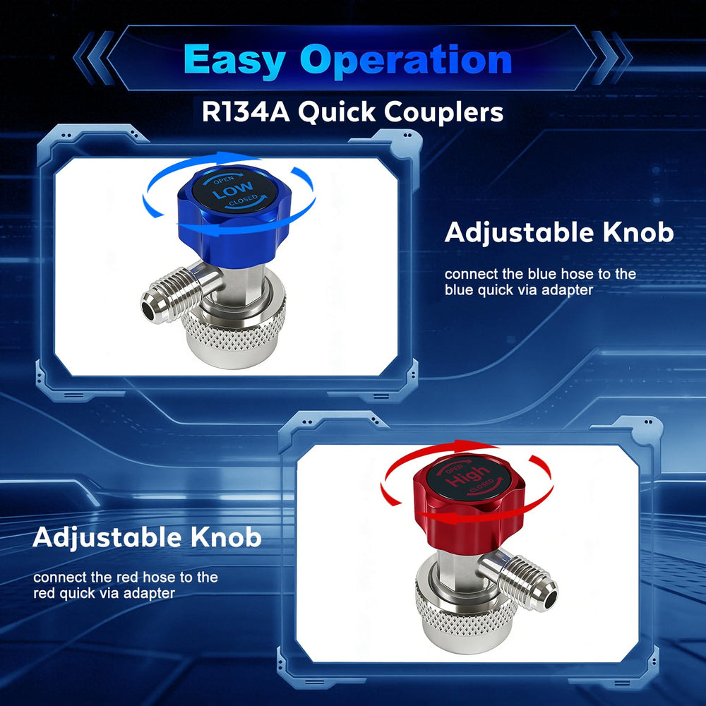 BACOENG R134a can taps and quick couplers ready for vehicle AC charging and service