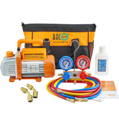 BACOENG vacuum pump and gauge kit front view showing complete components and portability