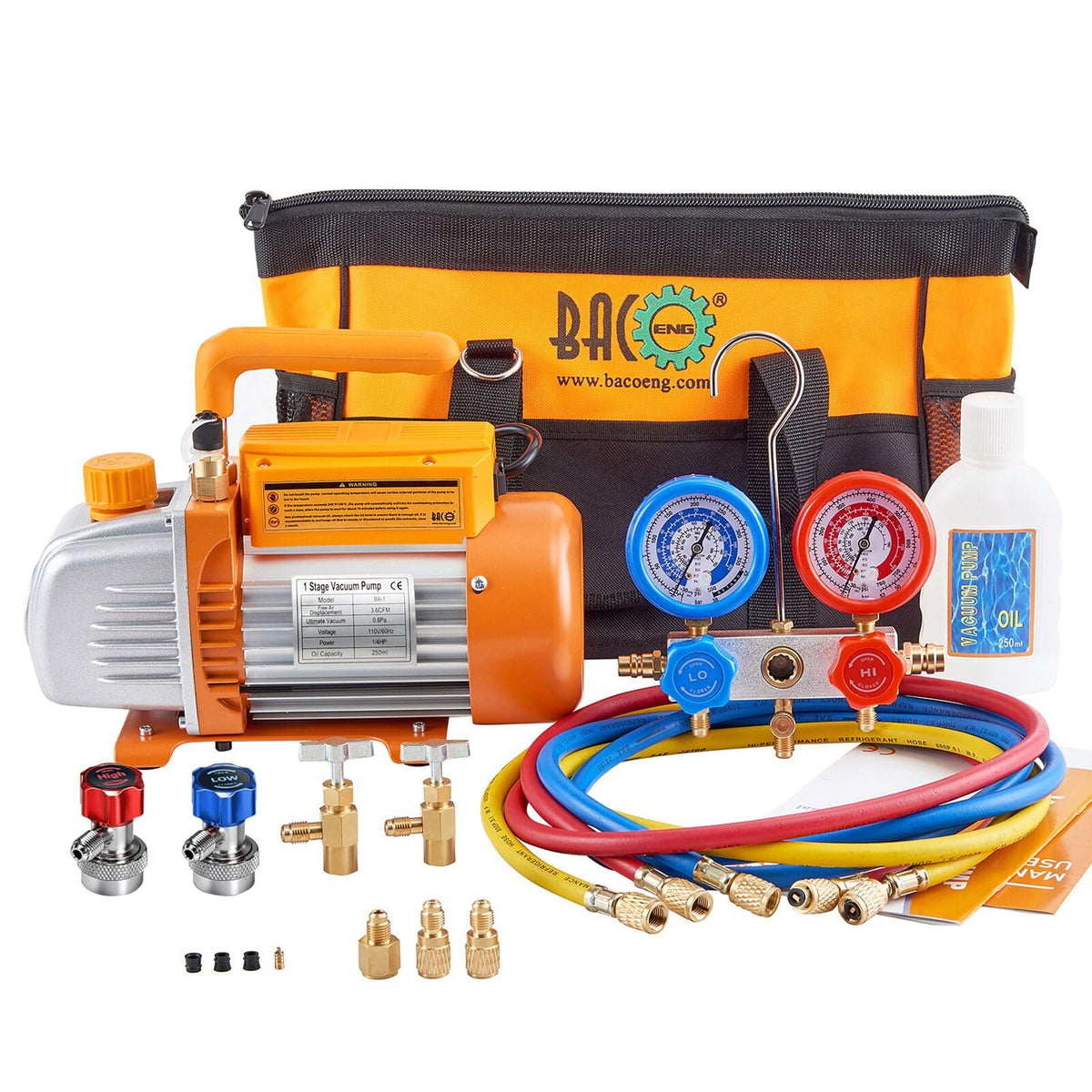 BACOENG kit front view showing pump, gauge, hoses and bag for organized on-site service