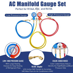 BACOENG three-way manifold gauge close-up showing clear dials and hanging hook benefit