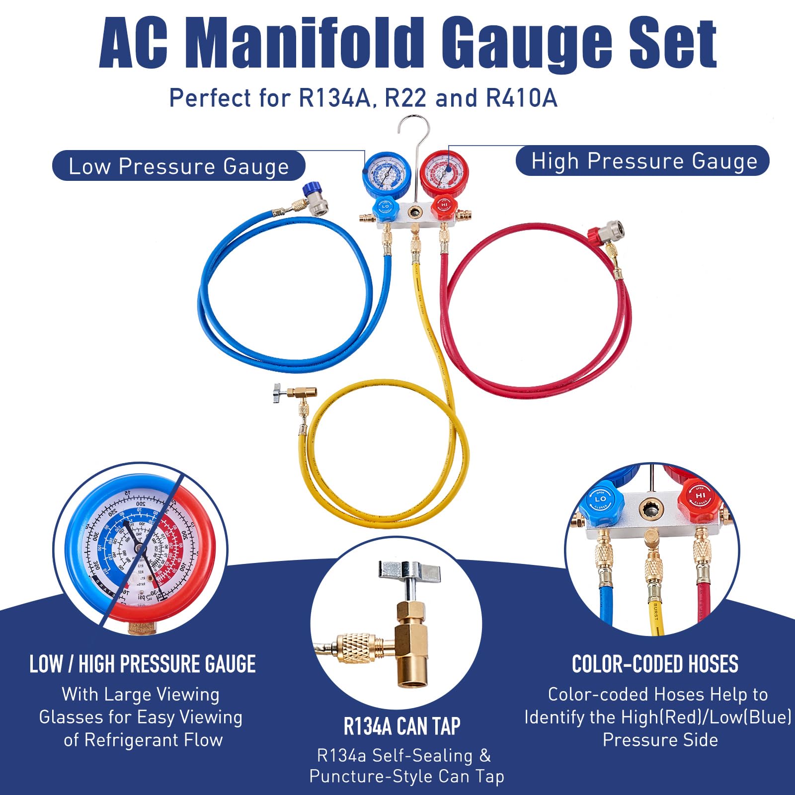 BACOENG 3-way manifold gauge face displaying clear dials for accurate refrigerant readings