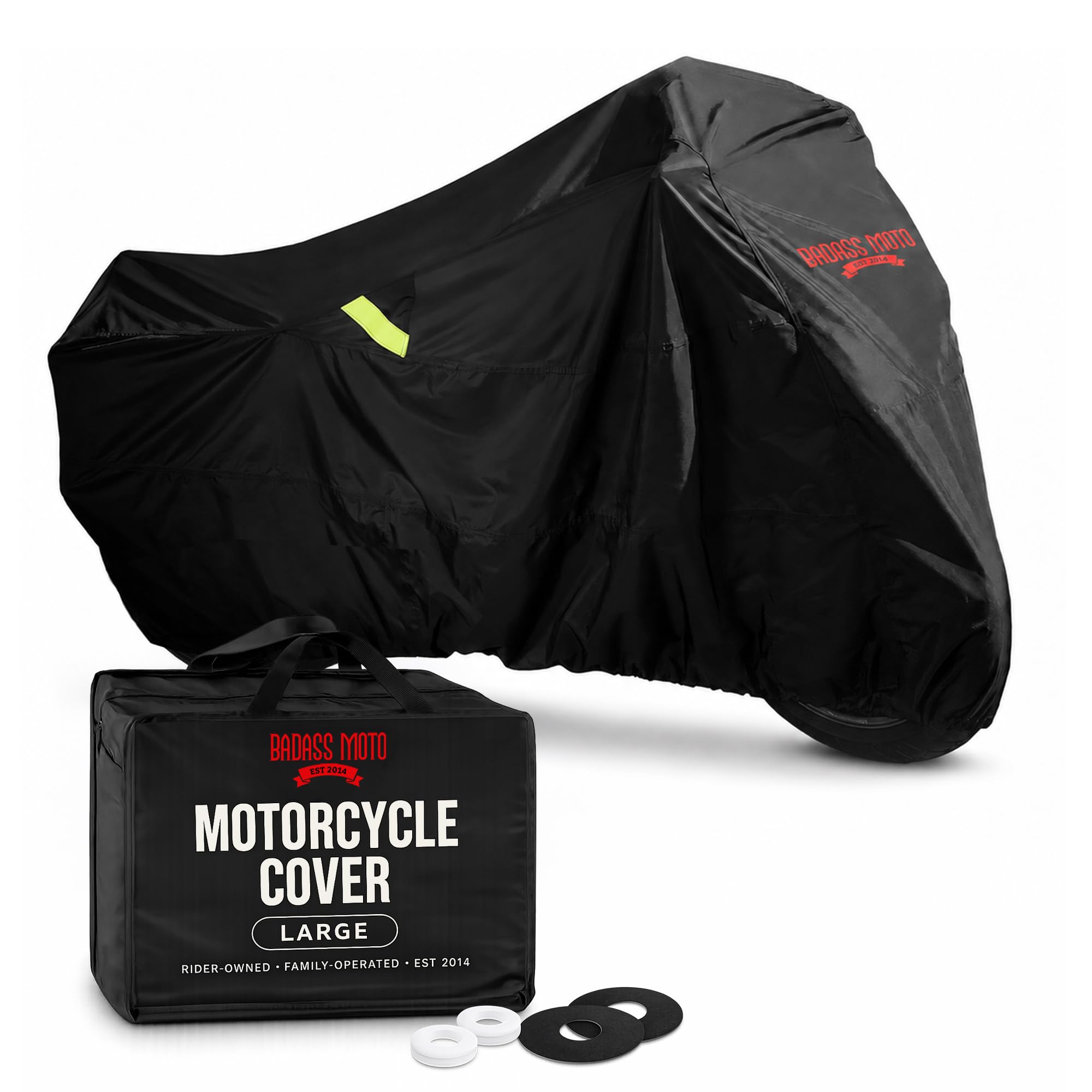 Badass Moto front view of cover protecting large cruiser—clear full coverage benefit
