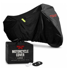 Badass Moto front view of cover protecting large cruiser—clear full coverage benefit