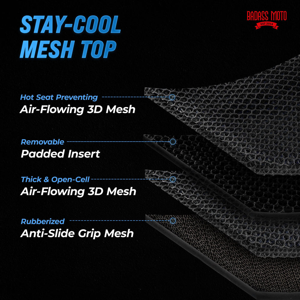 Badass Moto cushion strapped on a cruiser seat delivering cooling comfort