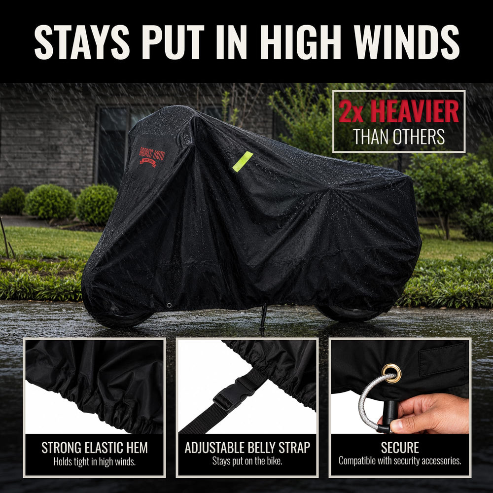 Badass Moto cover installed on cruiser—demonstrates snug fit and protected components