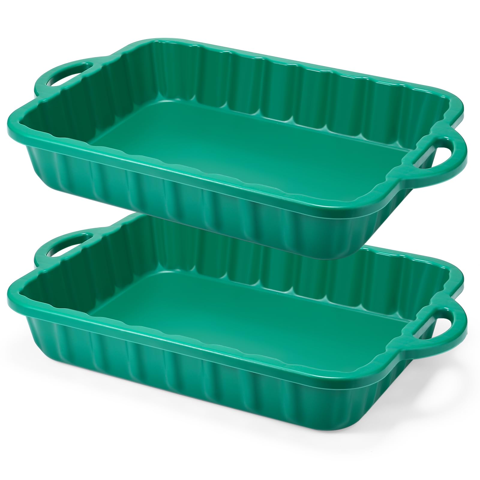 Baderke front view of green oil drain pans showing compact design and easy placement