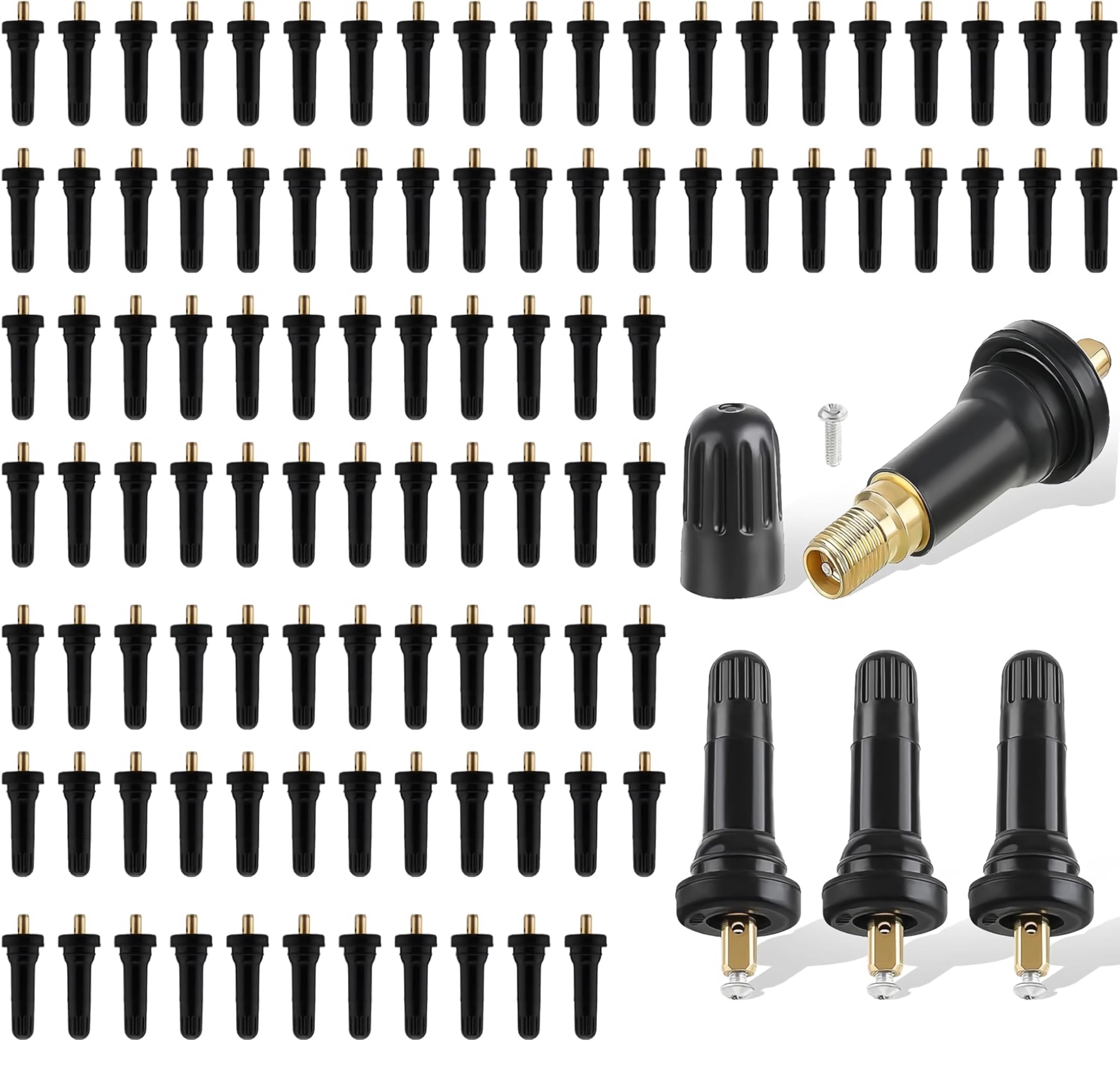 Baieasy front packaging showing 100-piece TPMS stems and quick inventory benefit
