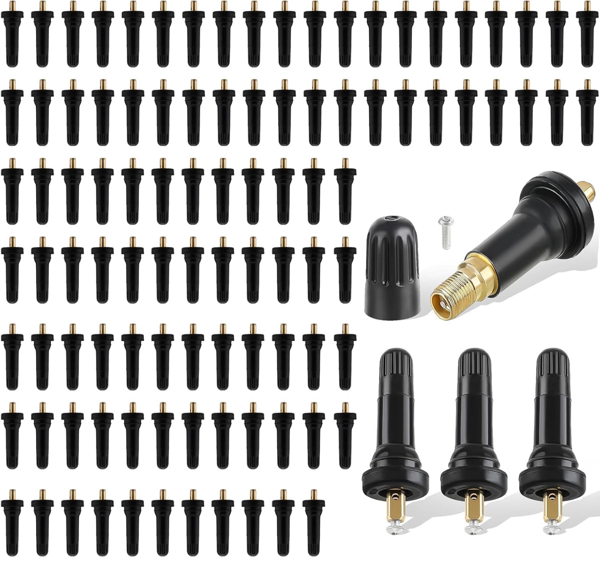 Baieasy front packaging showing 100-piece TPMS stems and quick inventory benefit