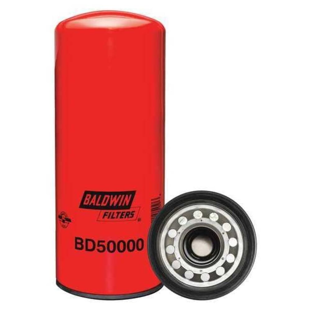 Baldwin front view spin-on filter showing label and durable casing benefit